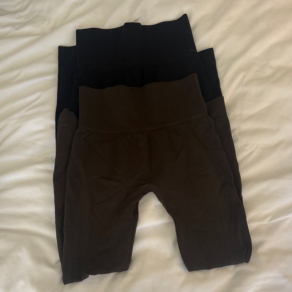 SET Active Ribbed High-Waist Leggings - Black and Brown